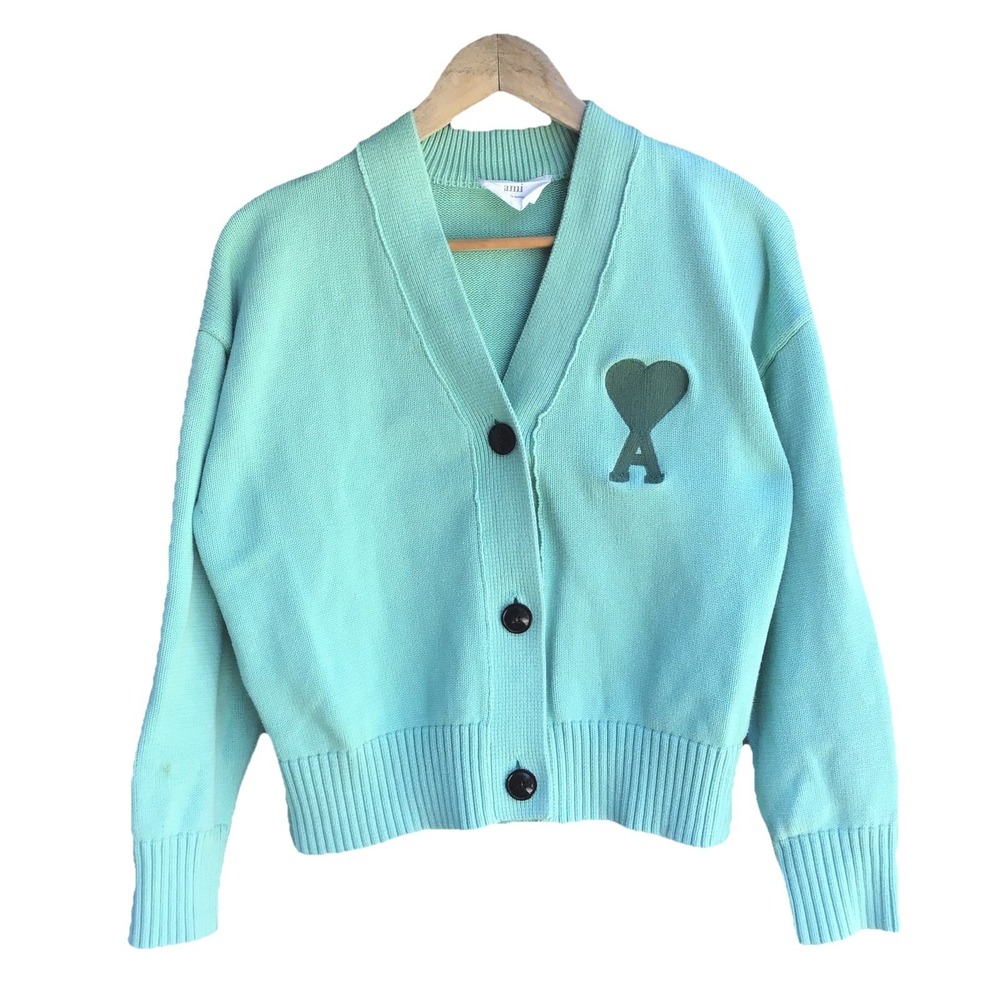 AMI Paris Alexandre Mattiussi Cœur Mint Green Cardigan Sweater Women's M Cotto